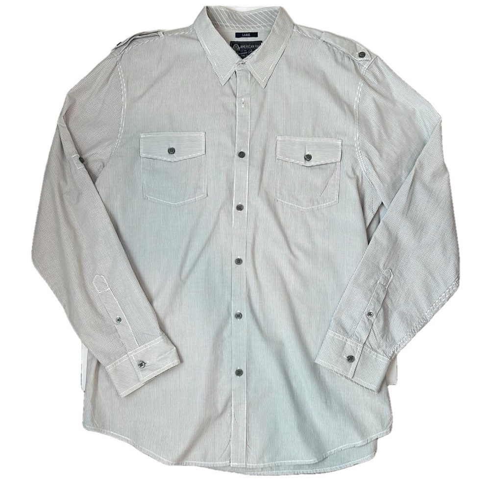 American Rag Gray White Pinstripe Roll Tab Long Sleeve Casual Button Up Large